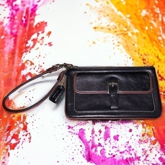 Coach Handbags - Vintage Coach Black Leather Brown Trim Snap Closure Wristlet - “Shelly”